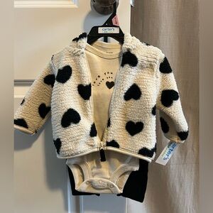 Carter's Cream Sherpa Jacket with Black Heart Print and Matching Bodysuit